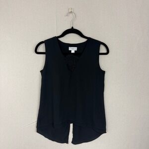 LOFT Petite Black Sleeveless V Neck Lace Inset High Low Hem Top XS